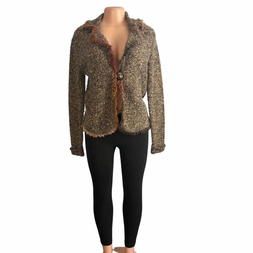 Coldwater Creek Rustic Boho Brown Wool Blend Knit Tweed Cardigan